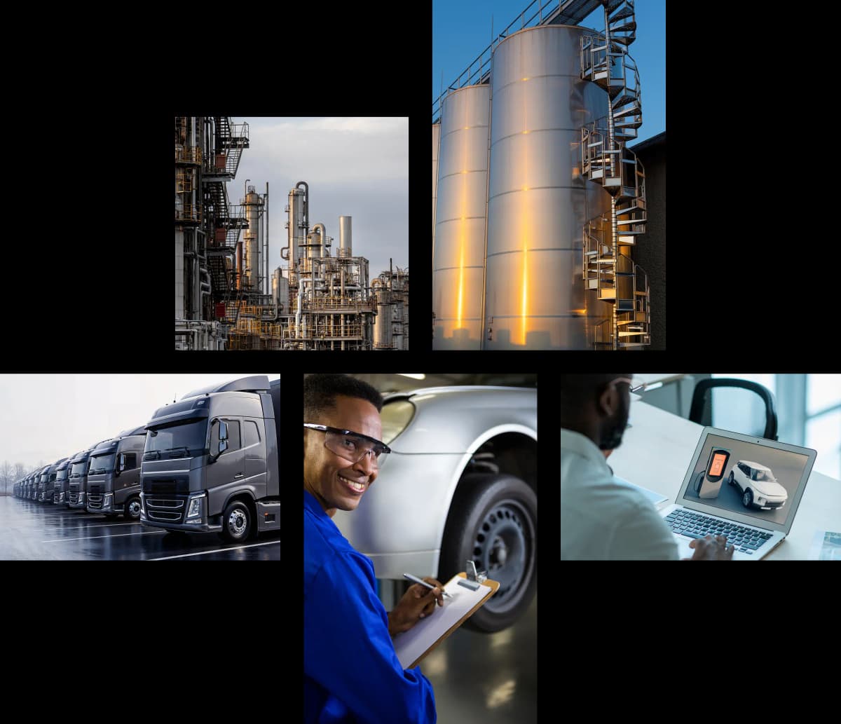 picture grid containing an oil factory, an array of trucks, an auto engineer and a person looking at a laptop