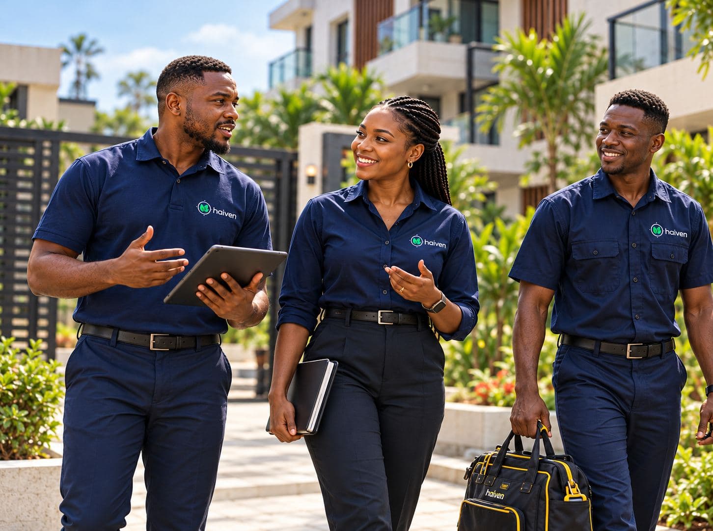 Haiven team members walking through a Lagos estate