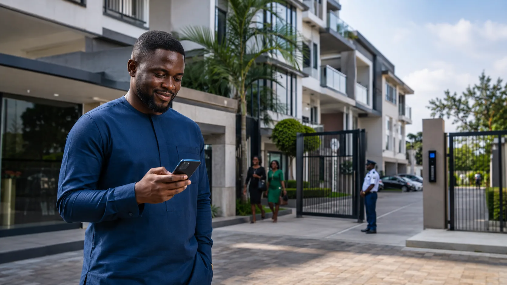 A property owner walking out of a gated Lagos apartment development, checking his phone, with a security officer at the gate behind him
